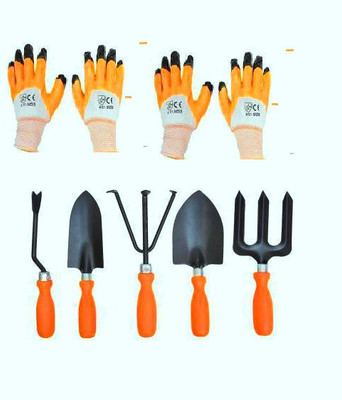 Green India Gardening tool set of 5 orange with 2 pair reusable gloves Garden Tool Kit(7 Tools)