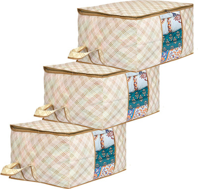 KUBER INDUSTRIES Underbed Tartan Print Non-woven Storage Bag With Clear Window Pack of 3 (Beige) 44KM0493(Beige)