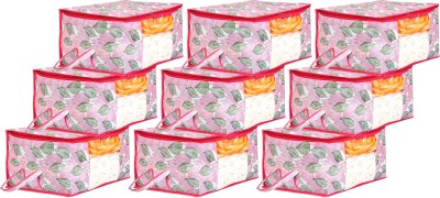 KUBER INDUSTRIES Underbed Leaf Print Non-woven Storage Bag With Clear Window Pack of 9 (Pink) 44KM0489(Pink)