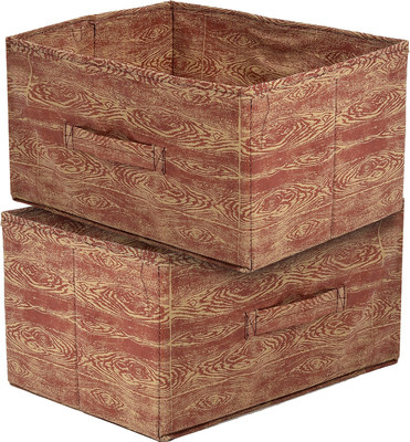 KUBER INDUSTRIES Storage Box Wooden Print Non-Woven Rectangular Cloth Storage Box Pack of 2 (Maroon Brown) 44KM0589(Maroon Brown)