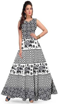 shree industries Anarkali Gown(Black, White)