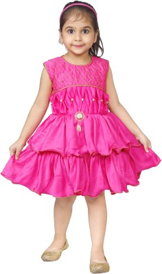 Nazrana Girls Midi/Knee Length Casual Dress(Pink, Sleeveless)