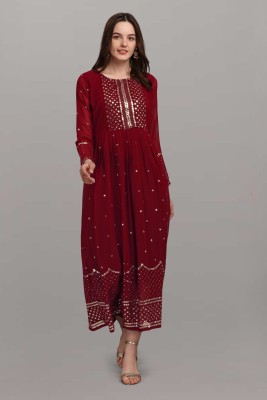 SENEGAL ENTERPRISE Women Embroidered, Embellished Flared Kurta(Maroon)