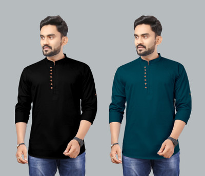 RAHUL LOOK Men Solid Straight Kurta(Green, Black)