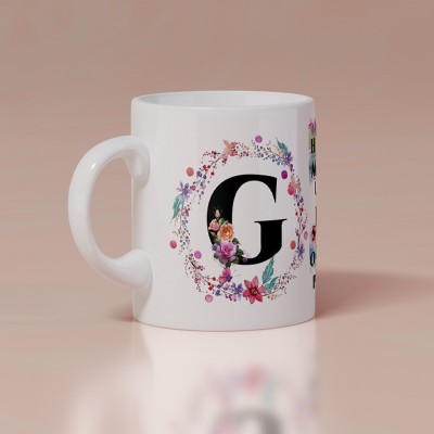 ARoohSa Beautiful Designer Colorful Floral Letter White Ceramic Coffee (Alphabet G) Ceramic Coffee Mug(350 ml)