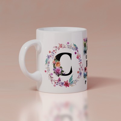 MODEST CITY Beautiful Designer Colorful Floral Letter White Ceramic Coffee (Alphabet C) Ceramic Coffee Mug(350 ml)