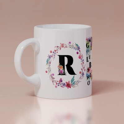 MODEST CITY Beautiful Designer Colorful Floral Letter White Ceramic Coffee (Alphabet R) Ceramic Coffee Mug(350 ml)