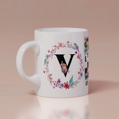 ARoohSa Beautiful Designer Colorful Floral Letter White Ceramic Coffee (Alphabet V) Ceramic Coffee Mug(350 ml)