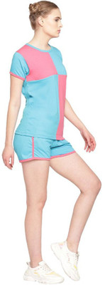 UZARUS Women Colorblock Blue, Pink Top & Shorts Set