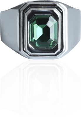 Waama Jewels AD Studded Silver & Green Metal Brass Ring for Boys & Men Brass Silver Plated Ring