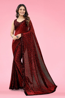 RADHA RAMAN FASHION Self Design Bollywood Lycra Blend Saree(Maroon)