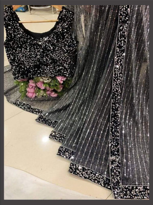 CESSYFAB Embroidered Bollywood Net Saree(Black)