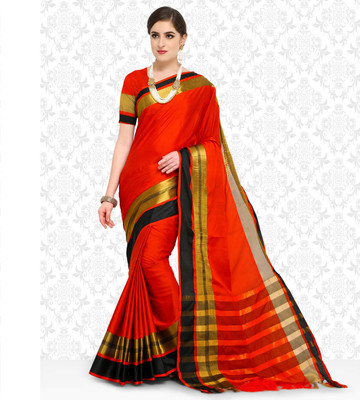 Divastri Striped, Solid/Plain Bollywood Silk Blend, Cotton Blend Saree(Orange)