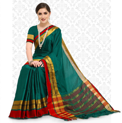 Divastri Striped, Solid/Plain Bollywood Silk Blend, Cotton Blend Saree(Green)