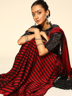 JERAVI Enterprise Striped Bollywood Georgette Saree(Red)