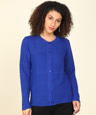 Park Avenue Women Self Design Round Neck Casual Women Blue Sweater