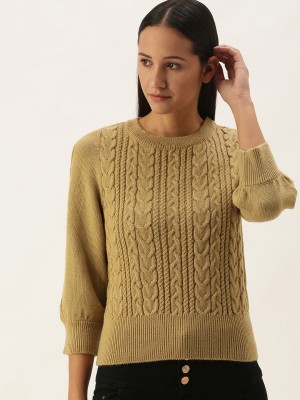 STREET9 Self Design Round Neck Casual Women Beige Sweater