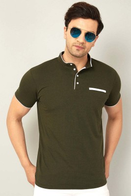 Adorbs Solid Men Mandarin Collar Dark Green T-Shirt