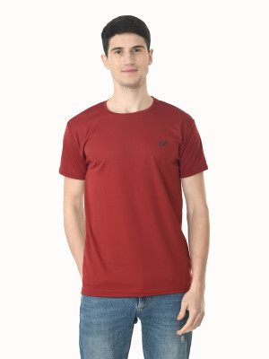 AMNOUR Solid Men Round Neck Maroon T-Shirt