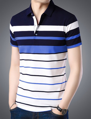 Eyebogler Striped Men Polo Neck White, Blue, Blue T-Shirt