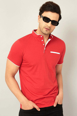 Adorbs Solid Men Mandarin Collar Red T-Shirt