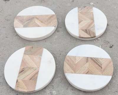 HandicraftStore Round Marble, Wood Coaster Set(Pack of 4)