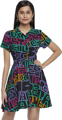 PEOPLE Women Fit and Flare Black Above Knee/Mid Thigh Length Dress