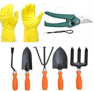 Ravel Gardening tool set of 5 orange ,flower cutter with rubber yellow gloves pairs Garden Tool Kit(7 Tools)