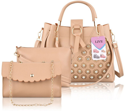 LIVE Women Beige Messenger Bag(Pack of: 3)