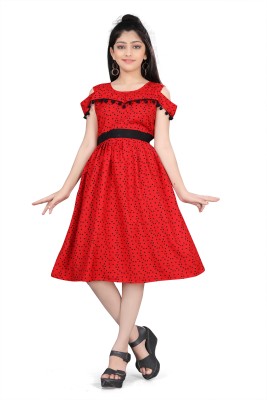Aarya Designer Girls Midi/Knee Length Casual Dress(Red, Short Sleeve)