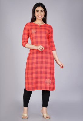 KNR Creation Women Checkered Straight Kurta(Red)