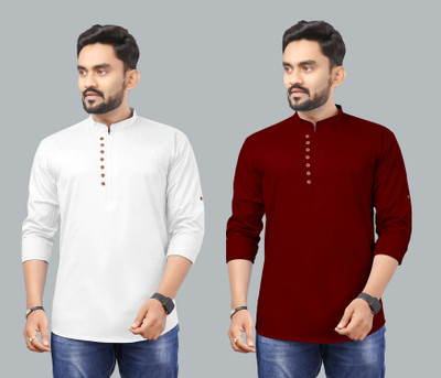 RAHUL LOOK Men Solid Straight Kurta(White, Maroon)