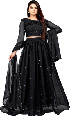 PRAVAGH CREATION Polka Print Semi Stitched Lehenga Choli(Black)