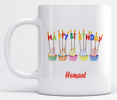 LOROFY Name Hemant Printed Happy Birthday Candle Design Ceramic Coffee Mug(325 ml)