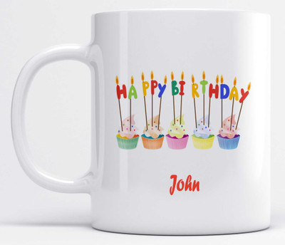 LOROFY Name John Printed Happy Birthday Candle Design Ceramic Coffee Mug(325 ml)
