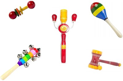 Kishore collection ECO Friendly Wooden Kids First Musical Sound Instrument Toys Set of 5Rattles(Multicolor)