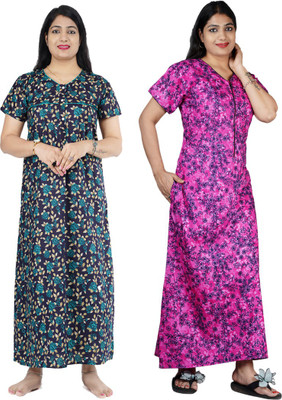 FAVNIC Women Nighty Set(Green, Pink)