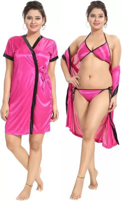 GOODNIGHT GLAM Women Robe and Lingerie Set(Pink)
