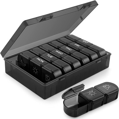 crownmart 7 days Weekly pill organizer 3 times a day travel pill box 7 day pill case for Medicine Pill Box(Black)