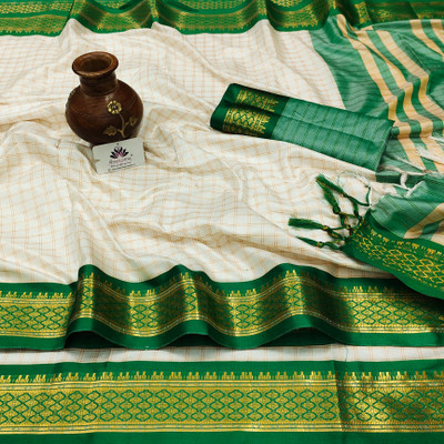 WINKLECART Checkered Kovai Jacquard, Pure Silk Saree(White)