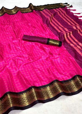 Dhami Checkered Chettinadu Jacquard, Pure Cotton Saree(Pink, Black)