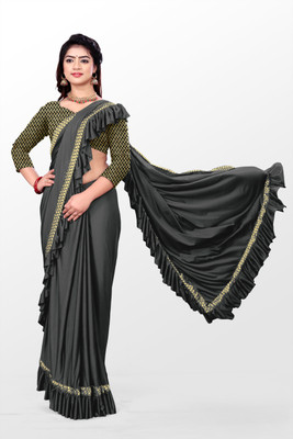 HARIOM FASHION Solid/Plain Bollywood Lycra Blend Saree(Black)