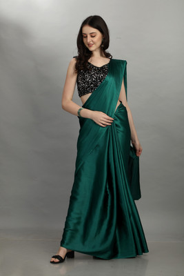 MYSTERY BOX Solid/Plain Daily Wear Satin Saree(Dark Green)