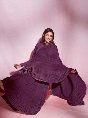 SATINTHRID Solid/Plain Bollywood Silk Blend, Satin Saree(Purple)