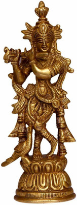 Idolsplace Lord Large Krishna God Murti Brass Metal Statue Home Décor Pooja Room 1000gms Decorative Showpiece  -  14 cm(Brass, Gold)