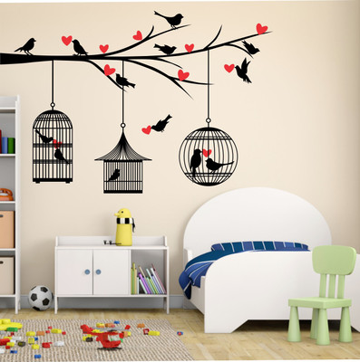 Decoration Stickers 90 cm Birds And Cage Red Heart Wall Sticker to add life to your Walls (Medium) Self Adhesive Sticker(Pack of 1)