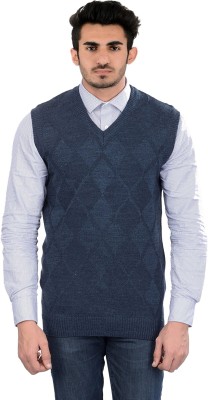 aarbee Self Design V Neck Casual Men Blue Sweater