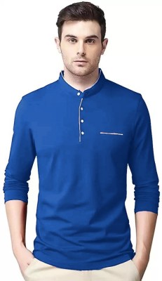 Seven Rocks Solid Men Mandarin Collar Blue T-Shirt