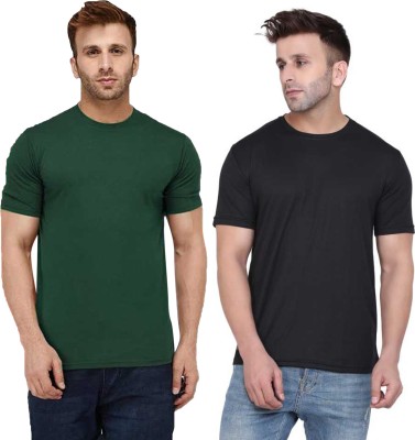 DOKCHAN Solid Men Round Neck Green, Black T-Shirt