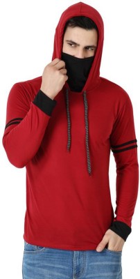 NikkFashionista Solid Men Hooded Neck Maroon T-Shirt